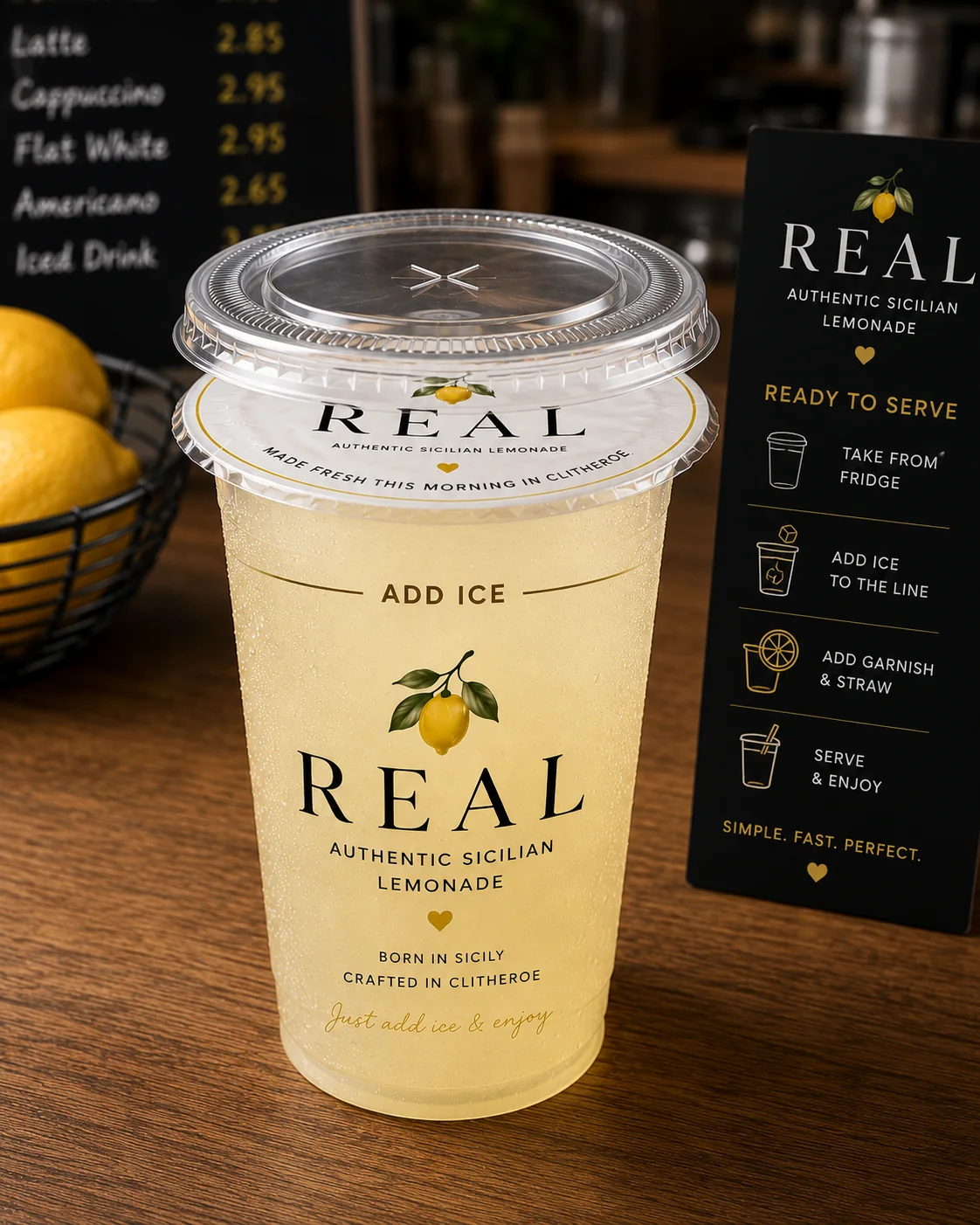 Finished REAL lemonade presented for café service with ice and garnish