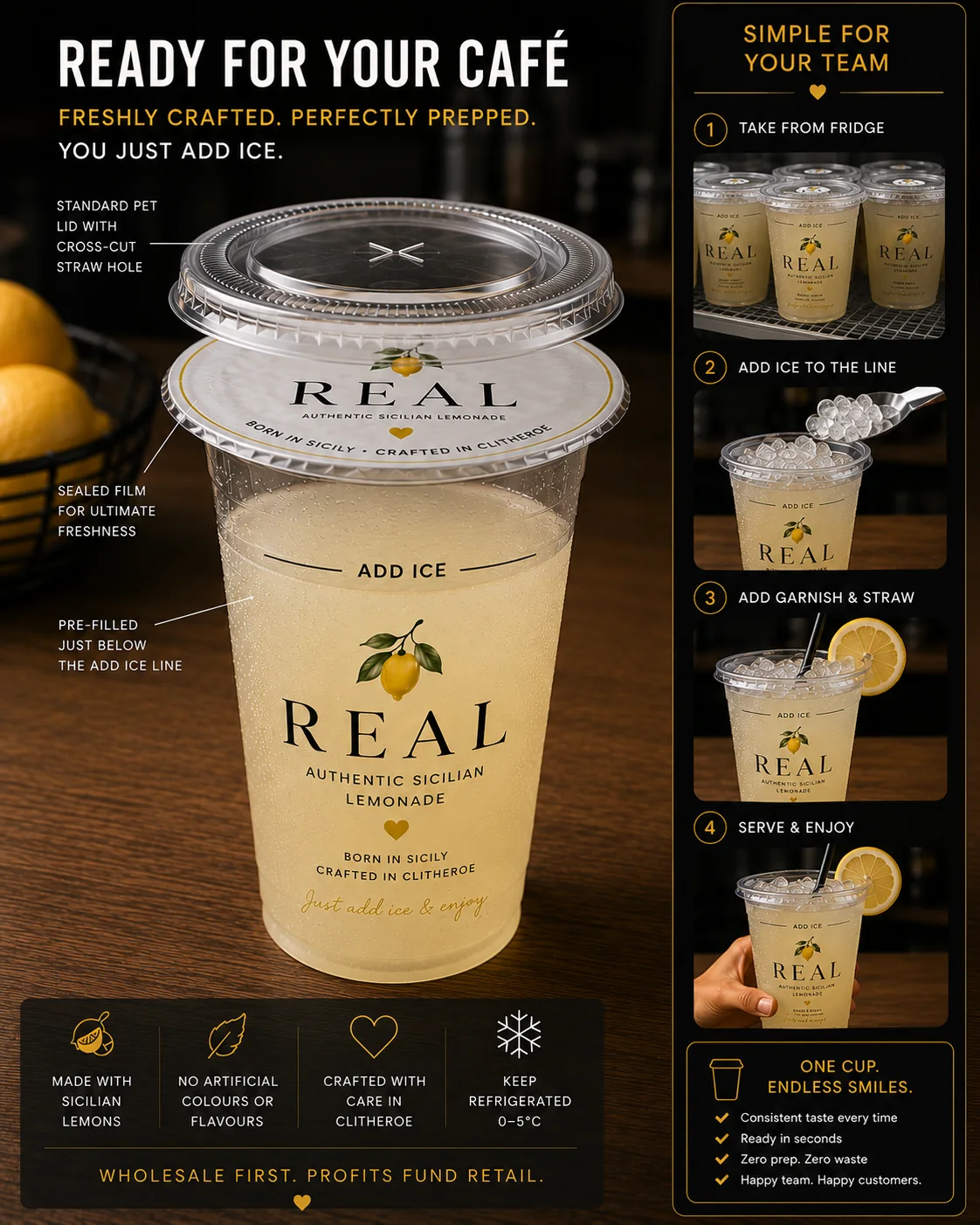 Sealed REAL Sicilian lemonade cup, pre-filled below its ADD ICE line