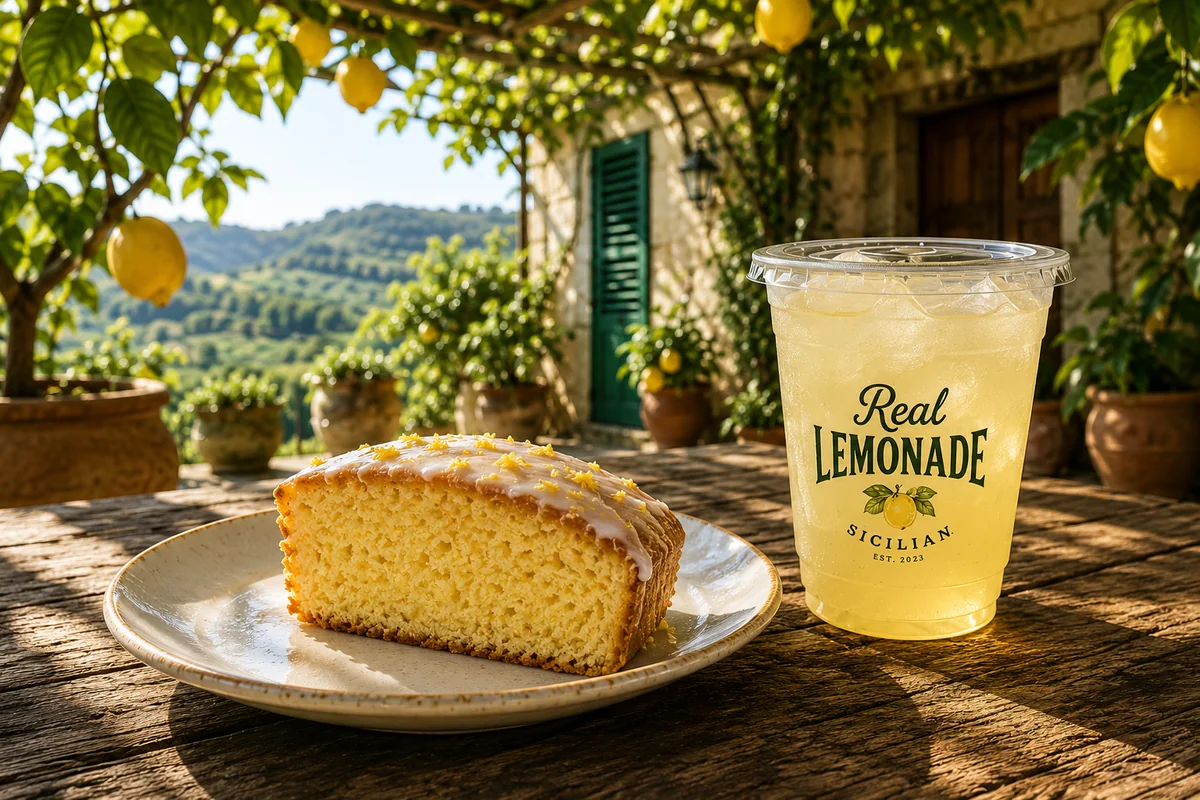 Nonna's Sicilian Lemon Cake and REAL Lemonade served in a sunlit Italian courtyard
