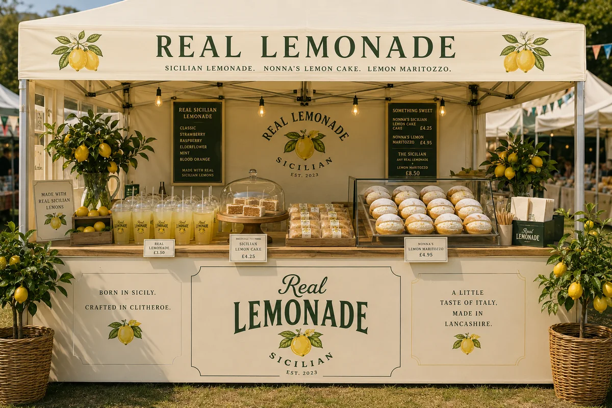 REAL Lemonade market stand displaying Sicilian lemonade, lemon cake and maritozzi