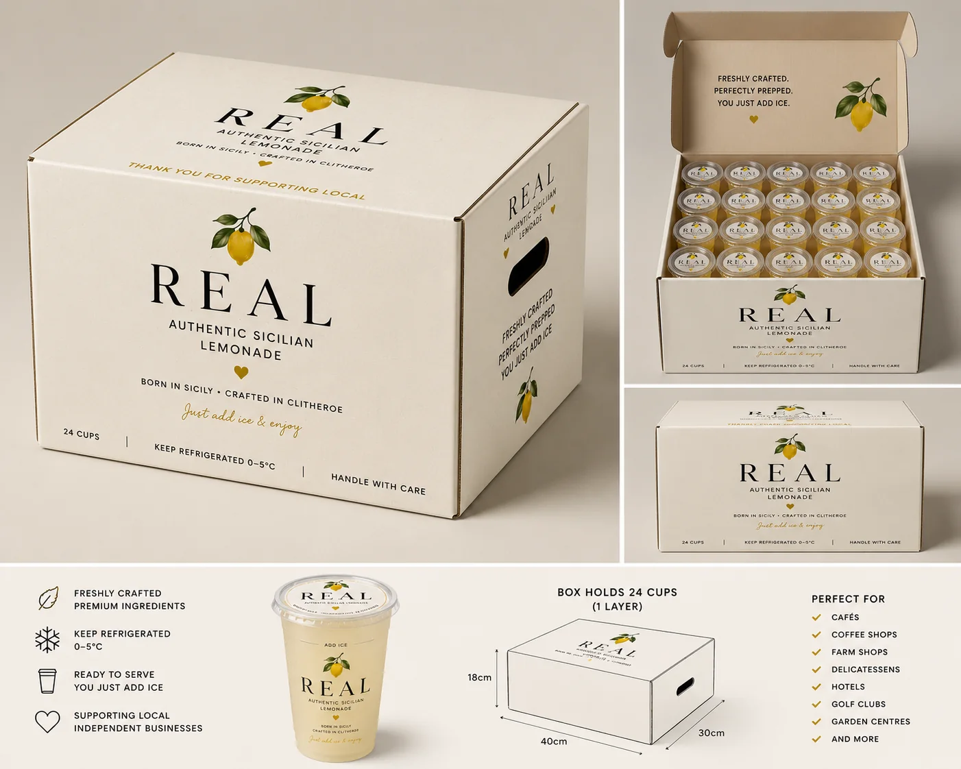 Off-white REAL wholesale case containing 24 sealed lemonade cups